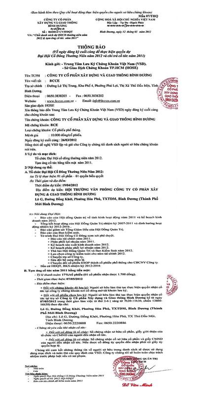 Bcce Thong Bao Ve Ngay Dang Ky Cuoi Cung De Thuc Hien Quyen Du Dai Hoi Co Dong Thuong Nien Nam 2012 Va Chi Tra Co Tuc Nam 2011