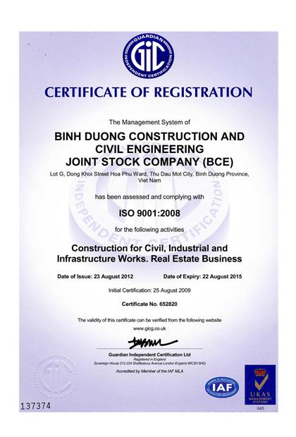 Cong Ty Cp Xay Dung Giao Thong Binh Duong Bce Nhan Chung Chi Iso 9001 2008