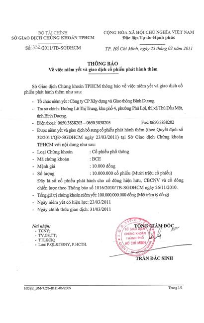 Bcce Thong Bao V V Niem Yet Va Giao Dich Co Phieu Phat Hanh Them
