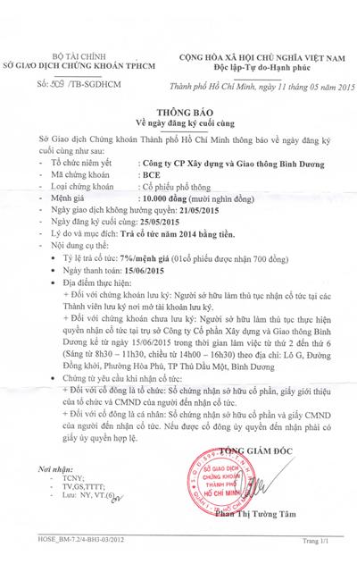 Becamex Bce Thong Bao Ve Ngay Dang Ky Cuoi Cung Chi Tra Co Tuc Nam 2014